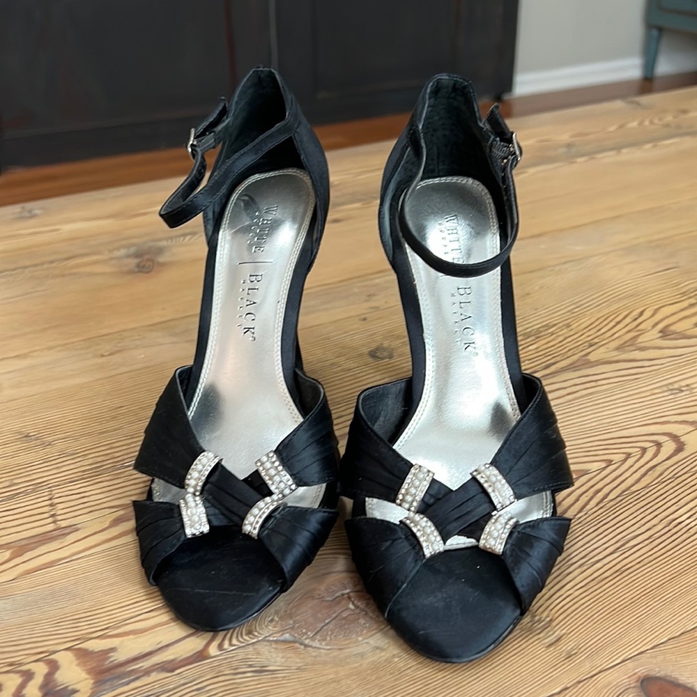 White House Black Markey 8.5 black satin heels worn once! Pearl/diamonds